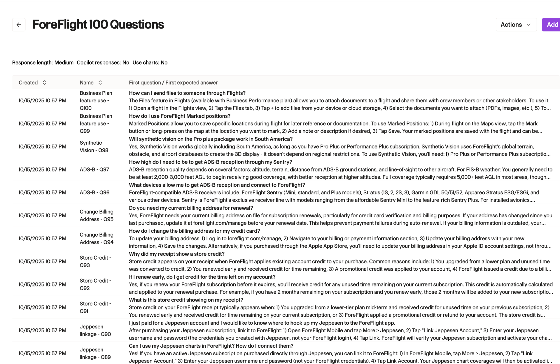 Jeppesen ForeFlight 100 Questions regression test set showing the question list and expected answers used for iterative POC tuning